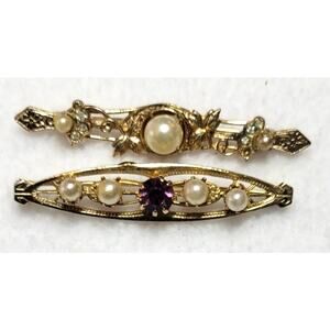 Vintage Victorian Style Bar Brooch Pin 2 Pc Lot Faux Pearls Purple Rhinestone
